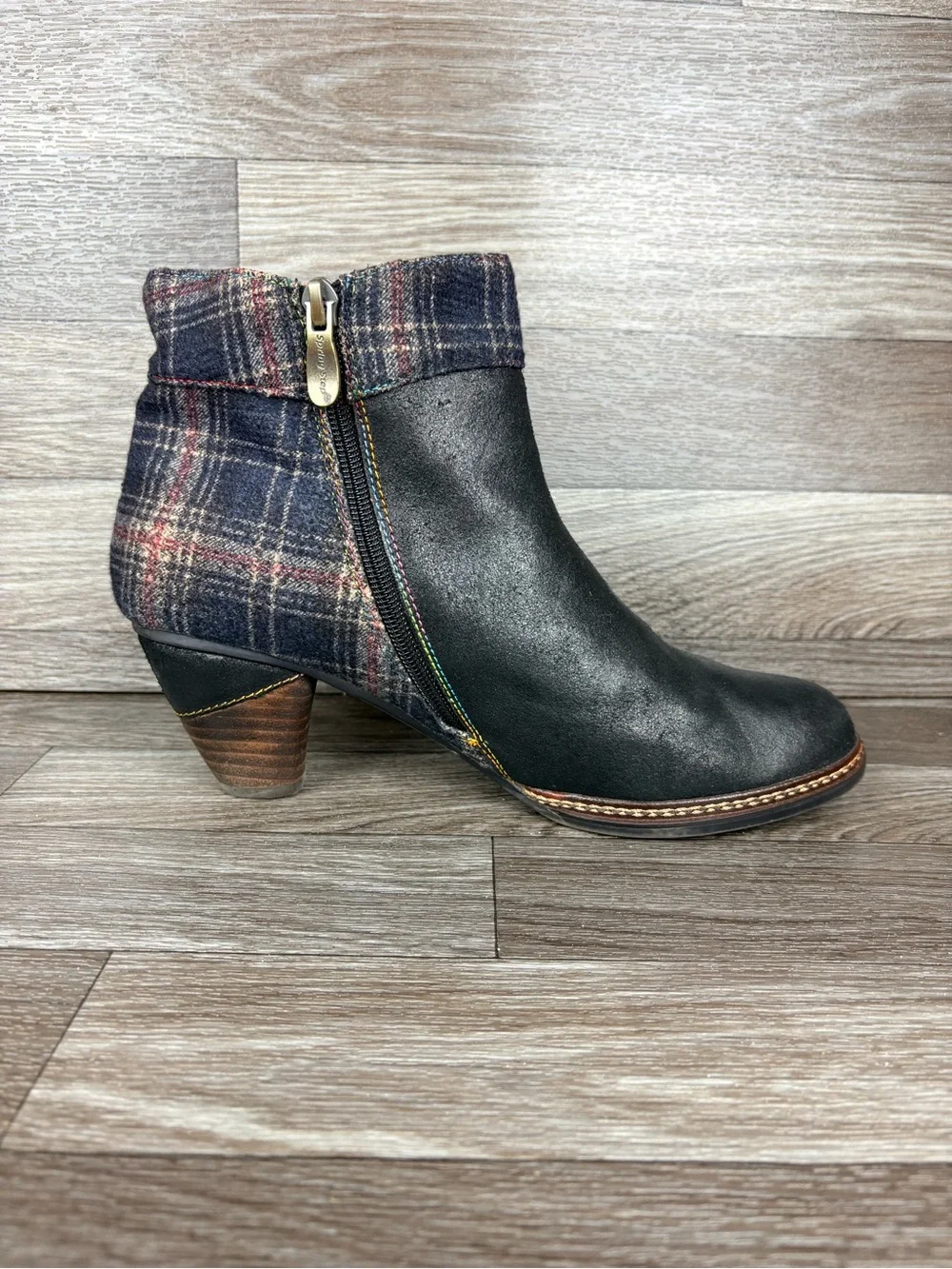 L'Artiste by Spring Step Scottala Ankle Boots Black Leather Plaid Fabric 8.5 39